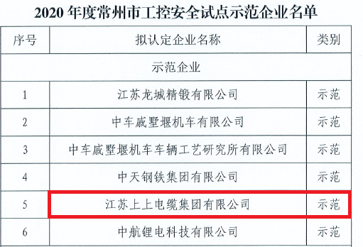 上上電纜獲評(píng)常州市首批“工控安全示范企業(yè)”稱號(hào)