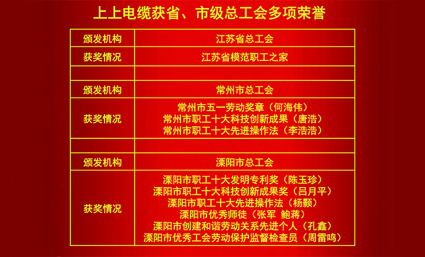 上上電纜獲省、市級總工會多項(xiàng)榮譽(yù)